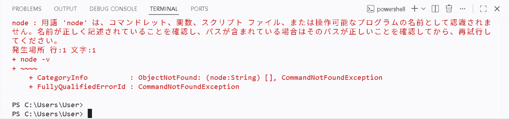 node -vを実行したら、nodeが認識されないとエラーが出た画面