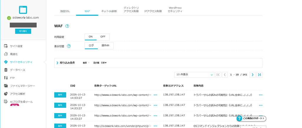ConoHa WINGのWAFログ画面。開設1か月で141件の攻撃がブロックされていた